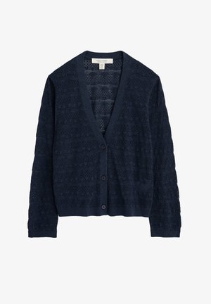Navy blue cardigan made from textured knit material, featuring a V-neck, long sleeves, and button closure at the front. Lightweight and open-weave design.