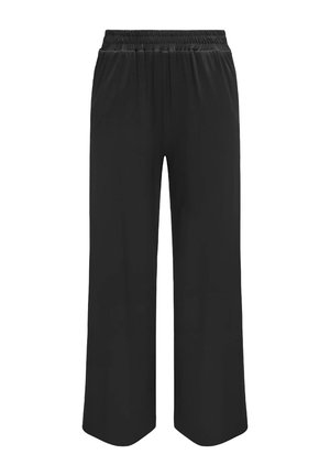 Czarne spodnie o szerokich nogawkach z elastycznym pasem, charakteryzujące się gładką fakturą i prostym krojem dla wygodnego dopasowania.