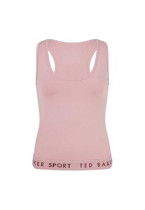 Roze mouwloze sporttanktop met een strakke pasvorm, gemaakt van rekbaar materiaal. Voorzien van een contrasterende elastische band met de tekst "TED BAKER SPORT".