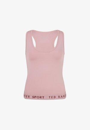 Roze mouwloze sporttanktop met een strakke pasvorm, gemaakt van rekbaar materiaal. Voorzien van een contrasterende elastische band met de tekst "TED BAKER SPORT".