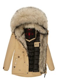 Beige parka met een afneembare grijze bontvoering, zwarte gewatteerde binnenvoering, taille met trekkoord en meerdere voorzakken met knopen.