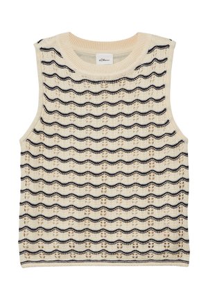 Crèmekleurig mouwloos gebreid vest met horizontale golvende zwarte strepen en kleine opengewerkte bloemmotieven.
