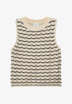Cream sleeveless knitted vest with horizontal wavy black stripes and small openwork floral patterns.