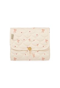 Quilted cream fabric organizer with pink bow and heart patterns; features a gold button closure and a rectangular shape.