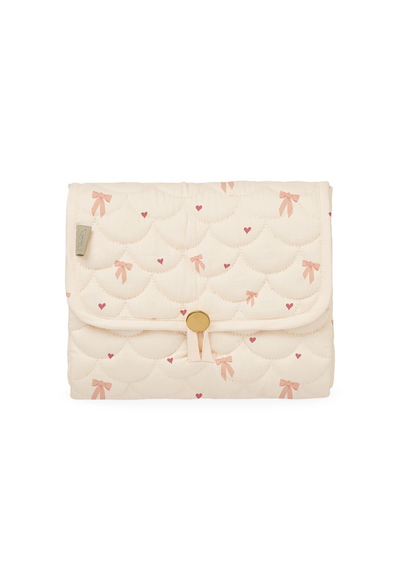Quilted cream fabric organizer with pink bow and heart patterns; features a gold button closure and a rectangular shape.