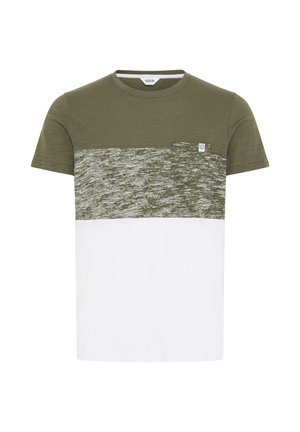 Short-sleeve t-shirt in olive green and white, featuring a textured horizontal stripe pattern, with a patch pocket on the left chest.