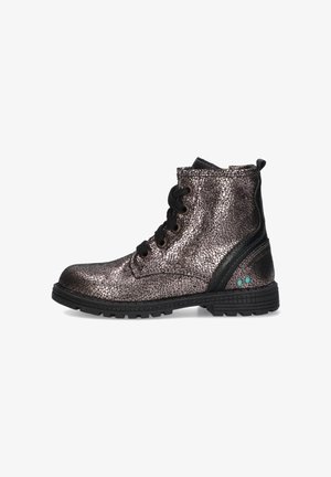 Metallic textured black ankle boot with thick sole, black laces, rounded toe, and two small turquoise dots near the heel.