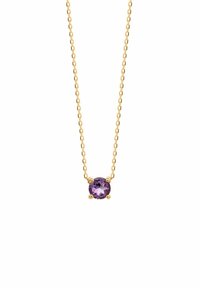 Guldkæde med et rundt ametystvedhæng, der viser en lilla ædelsten sat i en firkantet klemmeindfatning. Simpelt og elegant.