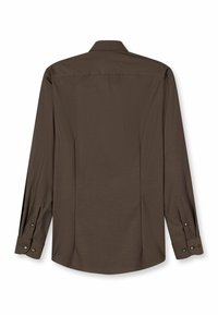 Braunes Langarmhemd mit strukturiertem Muster, geknöpften Manschetten und spitzem Kragen. Mit Abnähern für eine taillierte Passform am Rücken.