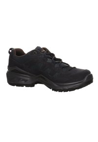Black hiking shoe with a mix of suede and mesh material, featuring textured accents, a cushioned sole, and a sturdy grip pattern.