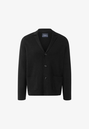 Mustan neulecardigan, jossa on huivikaulus, kolme nappia ja kaksi etutaskua. Sujuva pinta ja minimalistinen muotoilu.