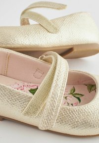 Bailarinas doradas con un upper texturizado y una correa de velcro. El interior presenta un estampado floral con flores rosas y hojas verdes.