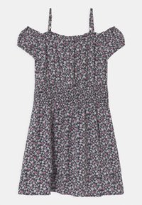 Robe fleurie avec un fond sombre, manches courtes bouffantes et corsage smocké. Comprend de petites fleurs roses et blanches dans un motif éparpillé.