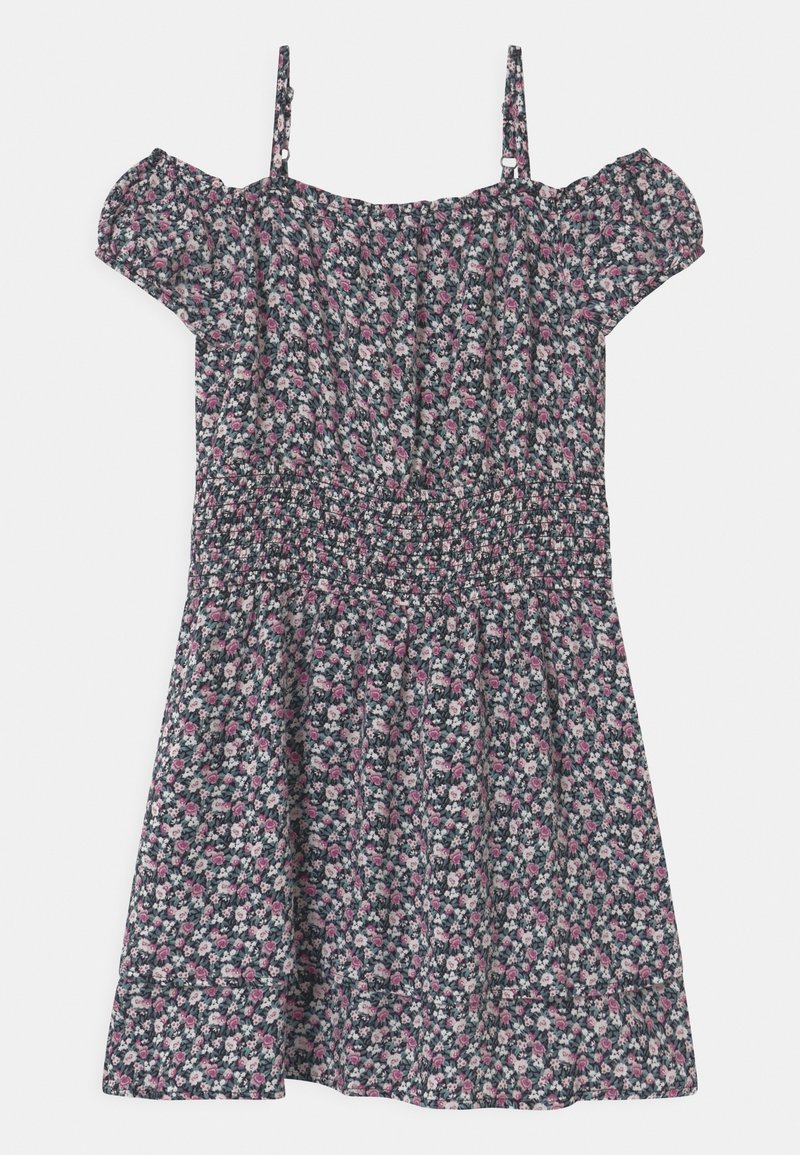 Robe fleurie avec un fond sombre, manches courtes bouffantes et corsage smocké. Comprend de petites fleurs roses et blanches dans un motif éparpillé.