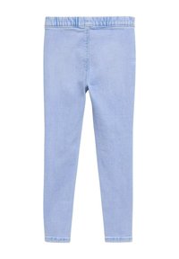 Jasnoniebieskie legginsy wykonane z elastycznej tkaniny, z elastycznym paskiem w talii i dopasowanym krojem, o gładkiej, lekko fakturowanej powierzchni.