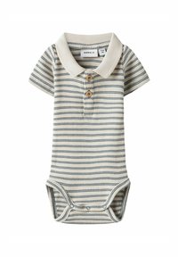 Bodysuit per neonati a righe in crema e blu navy. Maniche corte, colletto con tre bottoni in legno e chiusure a scatto sul fondo.