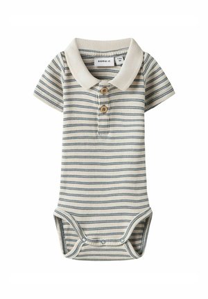 Pasiasty niemowlęcy body w kolorze kremowym i granatowym. Krótkie rękawy, kołnierzyk z trzema drewnianymi guzikami oraz zapięcia na napy na dole.