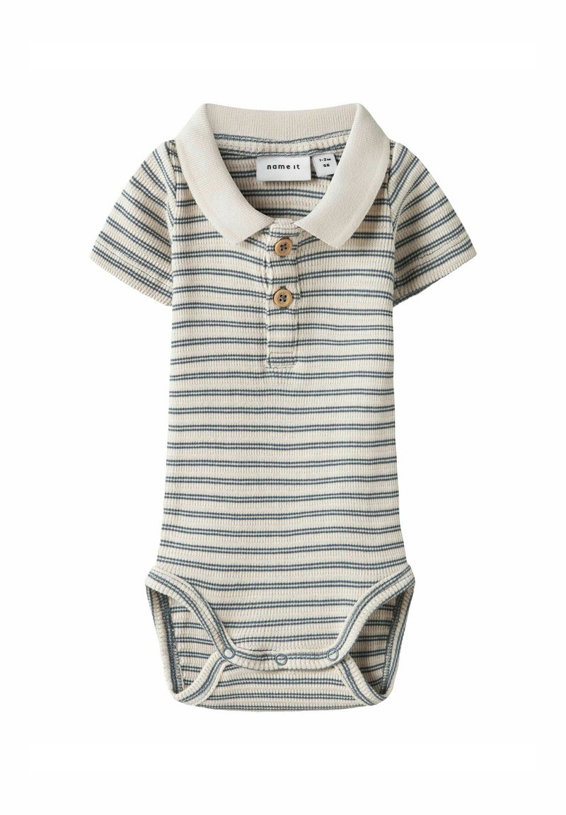 Bodysuit per neonati a righe in crema e blu navy. Maniche corte, colletto con tre bottoni in legno e chiusure a scatto sul fondo.