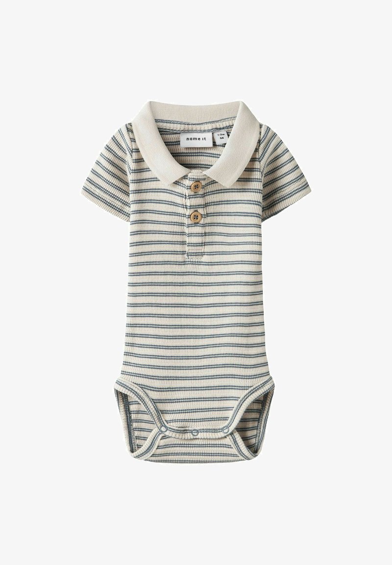 Bodysuit pour bébé à rayures en crème et marine. Manches courtes, col avec trois boutons en bois et fermetures à pression en bas.