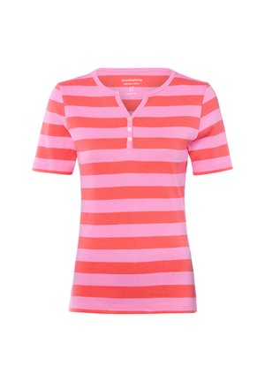 Koszula z krótkim rękawem wykonana z bawełny, z poziomymi różowymi i koralowymi paskami oraz dekoltem henley na trzy guziki.