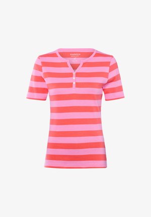 Koszula z krótkim rękawem wykonana z bawełny, z poziomymi różowymi i koralowymi paskami oraz dekoltem henley na trzy guziki.