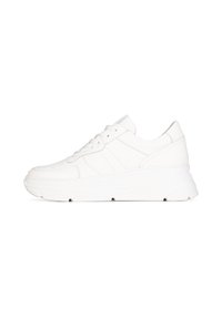 White sneaker with a smooth leather upper, flat laces, a cushioned sole, and a slightly elevated platform. Features minimal design.