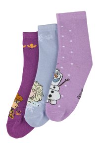 Set aus drei Paar Socken: lila mit Charakter, hellblau mit Schneeflocken und helllavendel mit Punkten und Charakterdesign.