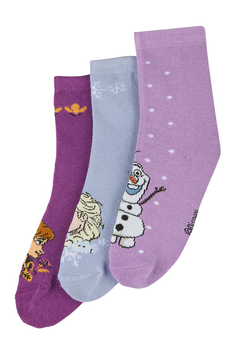 Set aus drei Paar Socken: lila mit Charakter, hellblau mit Schneeflocken und helllavendel mit Punkten und Charakterdesign.