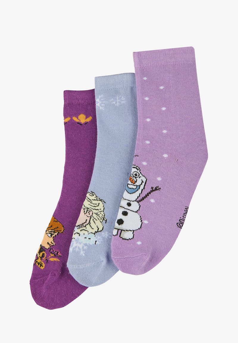 Juego de tres pares de calcetines: uno morado con personaje, otro azul claro con copos de nieve y otro lavanda claro con lunares y diseño de personaje.
