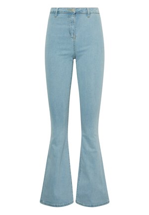 Lichtblauwe high-waisted flared jeans van denim, met een gladde textuur en een enkele knoopsluiting met riemlussen.