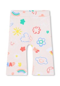 Lichtroze geribde legging met kleurrijke patronen, waaronder de zon, wolken, bloemen en het woord "HAPPY" in vette letters.