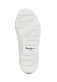 Suela de zapatilla blanca con patrón de agarre texturizado, que presenta un logo negro "Pepe Jeans London". Bordes suaves, diseño minimalista, fabricada en material de goma.