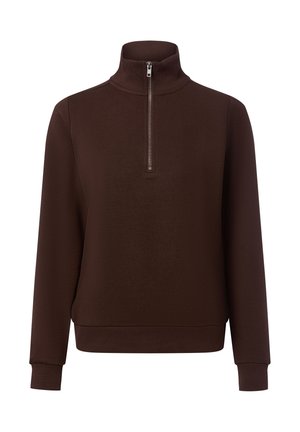 Brown, zip-neck sweatshirt with long sleeves, ribbed cuffs, and a structured design. Made from a smooth, textured fabric.