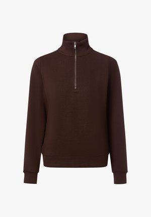 Sweatshirt marron à col zippé avec des manches longues, des bords côtelés et un design structuré. Fabriqué en tissu lisse et texturé.