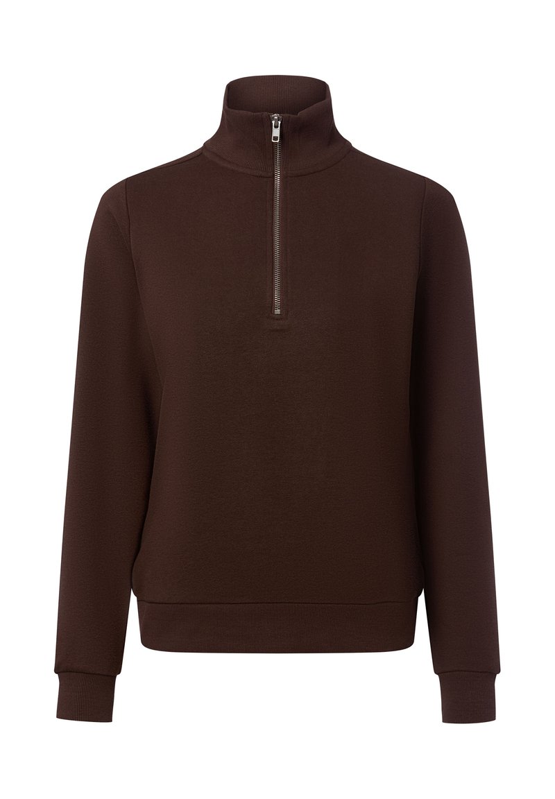 Bruine sweatshirt met ritssluiting en lange mouwen, ribgebreide manchetten en een gestructureerd ontwerp. Gemaakt van een gladde, gestructureerde stof.