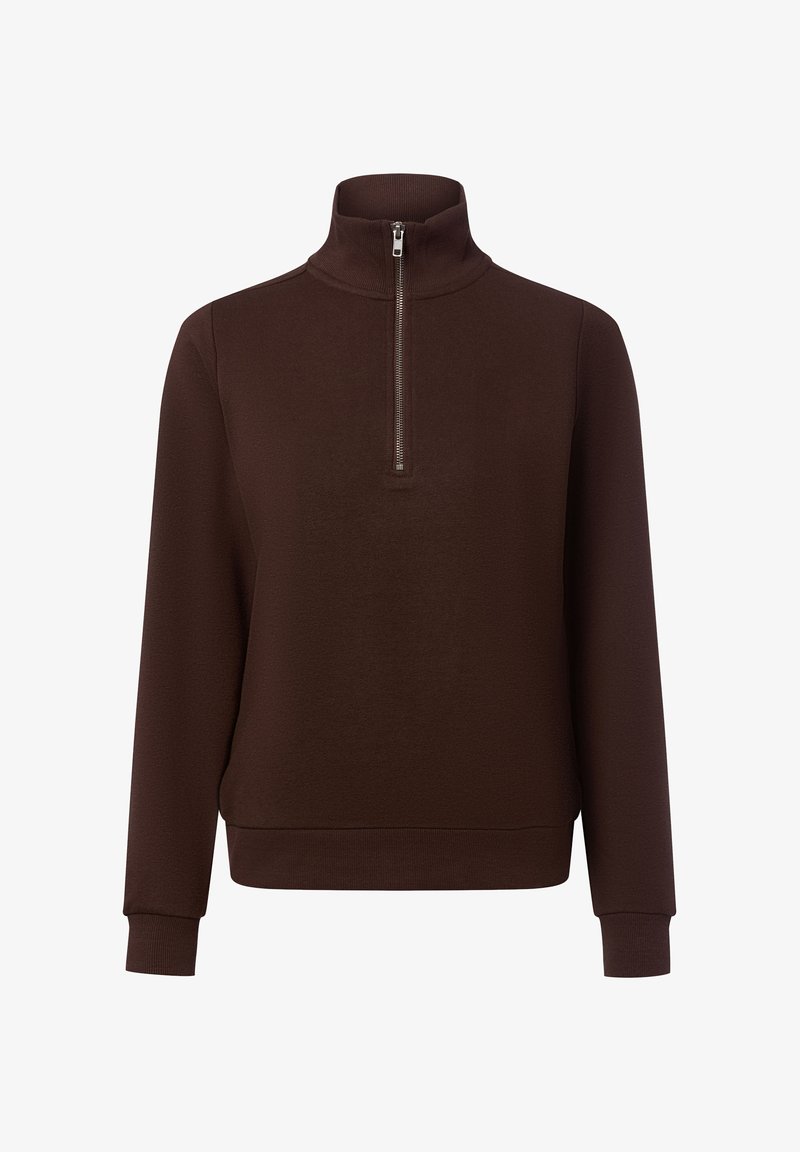 Brauner Sweatshirt mit Reißverschluss am Hals, langen Ärmeln, gerippten Bündchen und einem strukturierten Design. Hergestellt aus einem glatten, strukturierten Stoff.