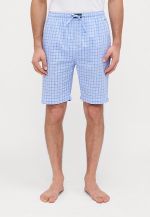 Lyseblå ternede shorts lavet af blødt stof, med elastisk taljebånd og snøre for justerbar pasform.