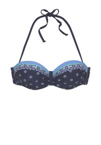 Dunkelblauer Bikini-Oberteil mit einem strukturierten Bündchen, gemustertem Besatz in Grün und Blau, geformten Cups und verstellbaren Bändchen am Hals und Rücken.