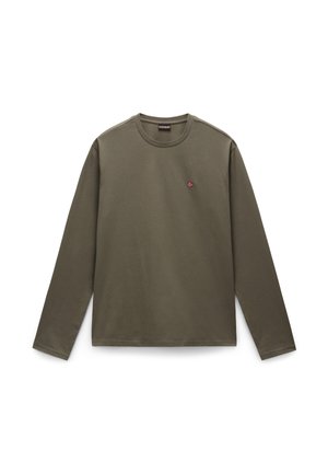 Langarmshirt in Olivgrün aus Baumwolle, mit Rundhalsausschnitt und kleinem gesticktem Logo in der Mitte. Einfaches Design, ohne Muster.