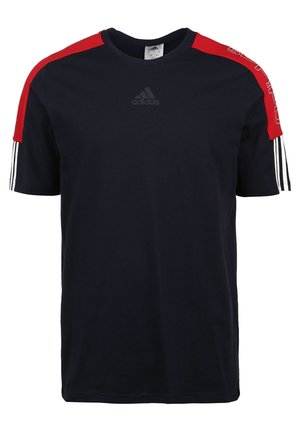 Czarny T-shirt Adidas z czerwonymi panelami na ramionach, czarno-białymi prążkowanymi akcentami na rękawach oraz subtelnym logo Adidas na piersi.