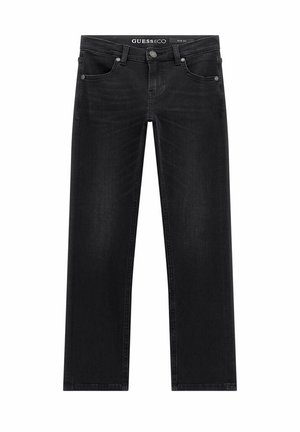 Jean slim noir avec fermeture par bouton et zip, poches avant et arrière, et détails subtilement délavés, étiqueté GUESS ECO.