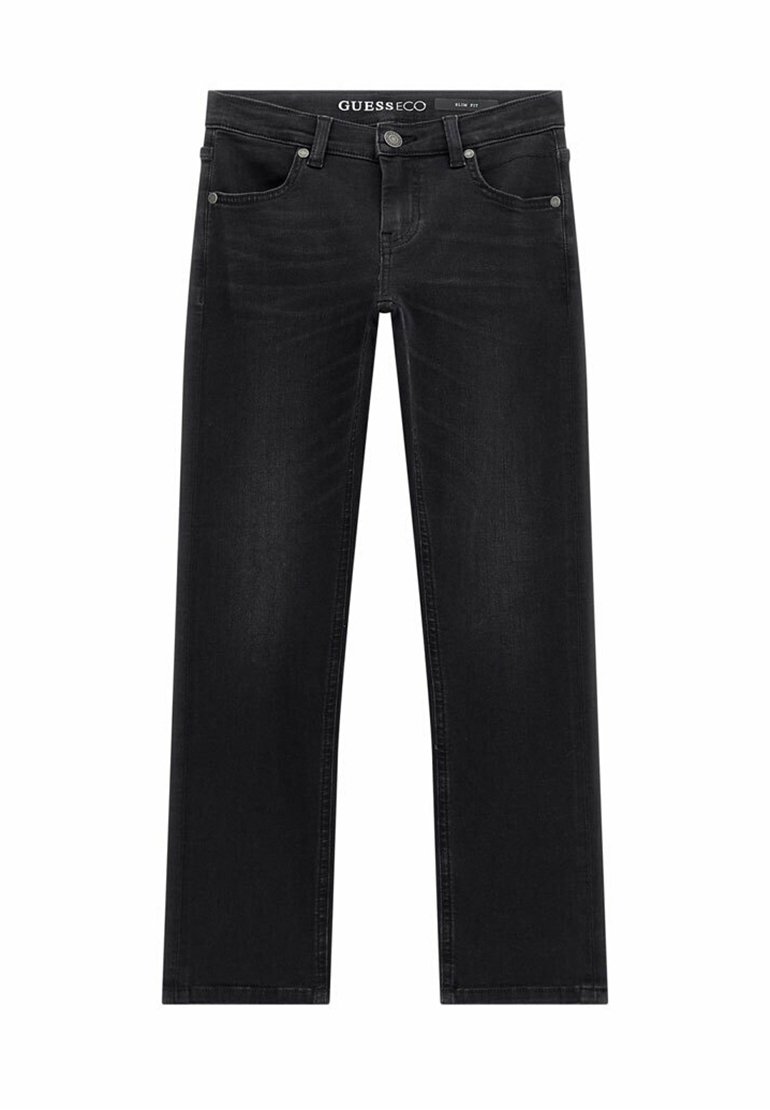 Jean slim noir avec fermeture par bouton et zip, poches avant et arrière, et détails subtilement délavés, étiqueté GUESS ECO.