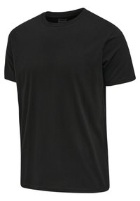 Czarny bawełniany t-shirt z okrągłym dekoltem, krótkimi rękawami, luźnym krojem i gładką fakturą bez widocznych wzorów ani zdobień.