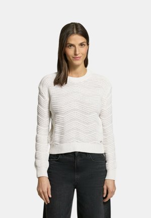 Vrouw draagt een witte gebreide trui met een zigzagpatroon en zwarte, hoogvideo jeans, staande tegen een effen achtergrond.