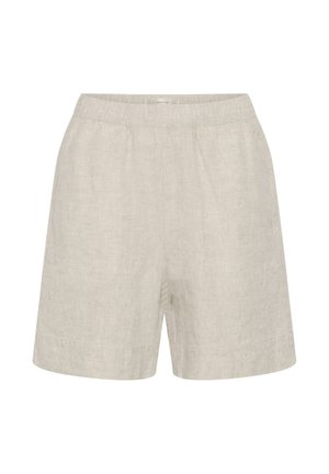 Șorturi bej din in, cu talie elastică, lungime până la genunchi, croială lejeră, potrivite pentru purtare casual.