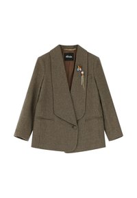 Blazer a scacchi marrone con colletto a scialle e leggera imbottitura sulle spalle. Presenta due tasche frontali e accenti di spille decorative.