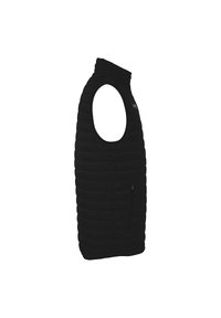 Black insulated vest with a high collar, sleeveless design, quilted texture, and a side zipper pocket. Lightweight and form-fitting.