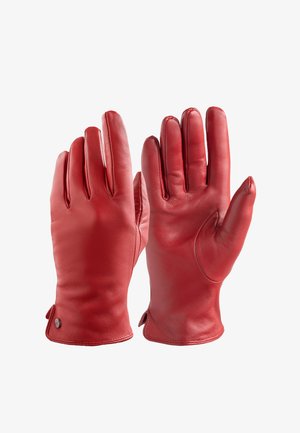 Rote Lederhandschuhe mit glatter Textur, passgenauem Design und verlängerten Fingern. Verfügt über ein diskretes Verschlussdetail am Handgelenk.