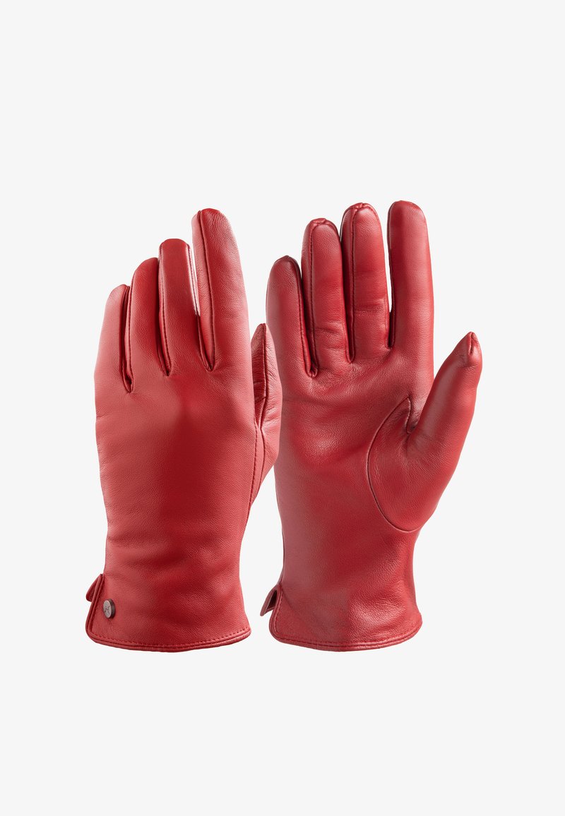 Červené kožené rukavice s hladkým povrchem, přiléhavým designem a prodlouženými prsty. Obsahují diskrétní zapínání na zápěstí.