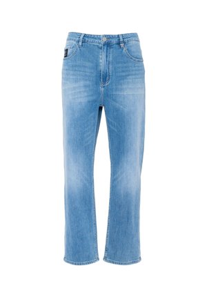 Lichtblauwe spijkerbroek met een ontspannen pasvorm, rechte pijp, vijf zakken en een klassieke sluiting met knoop en rits.